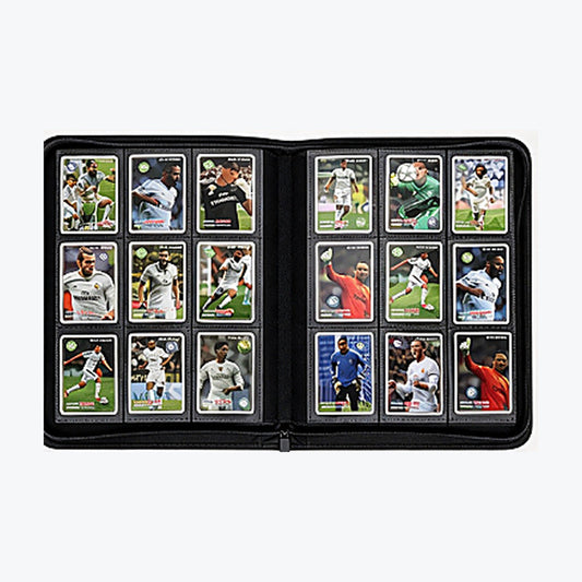 Black 288-pocket trading card binder open on a clean light background