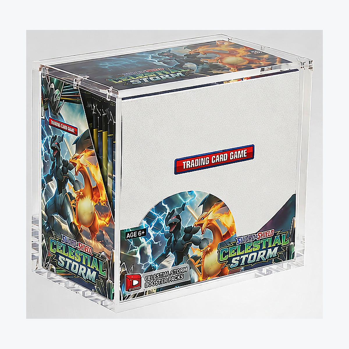Clear acrylic booster box display case, with sample sealed box for illustration