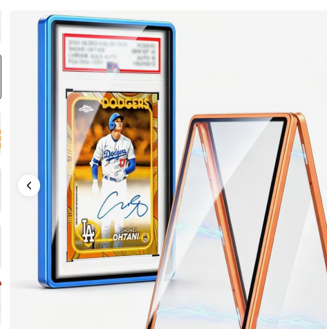 Supplier listing preview showing a blue graded card display frame and an orange frame stand; exact colours and stand inclusion to be confirmed